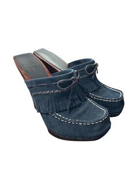 Frye Womens Size 7.5 Lacey Suede Fringe Mules With Wooden Heels Navy Blue